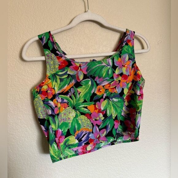 Vintage 80s Tropical Bright Crop Top Sz Small Cotton Pineapple Tie Front - Picture 3 of 4
